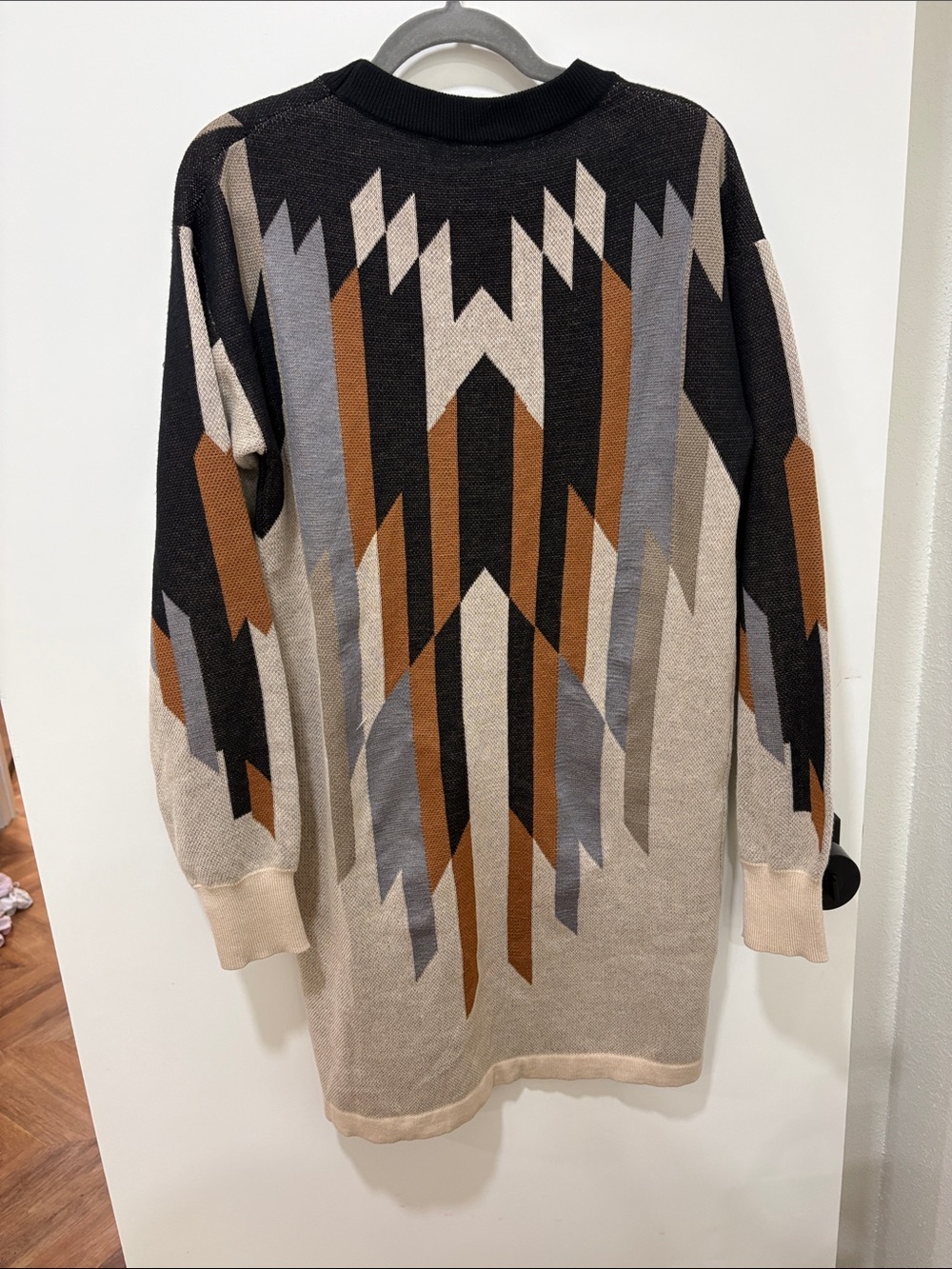 Women’s Sweater Dress- Geometric Crewneck in blue, Black and Tan-small - Picture 3 of 9